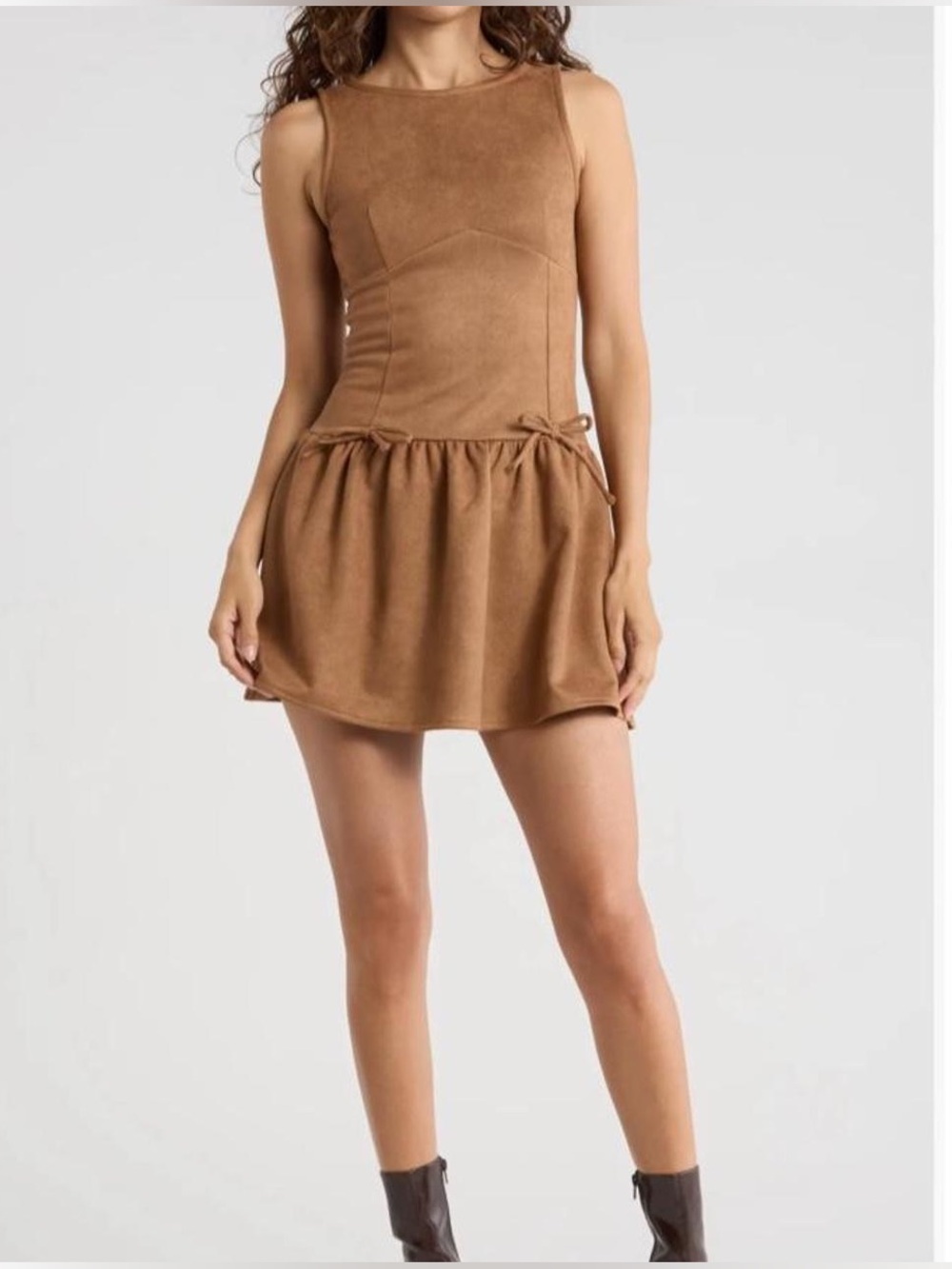 Madden Girl Juniors' Tan Sleeveless Bow Drop-Waist Dress